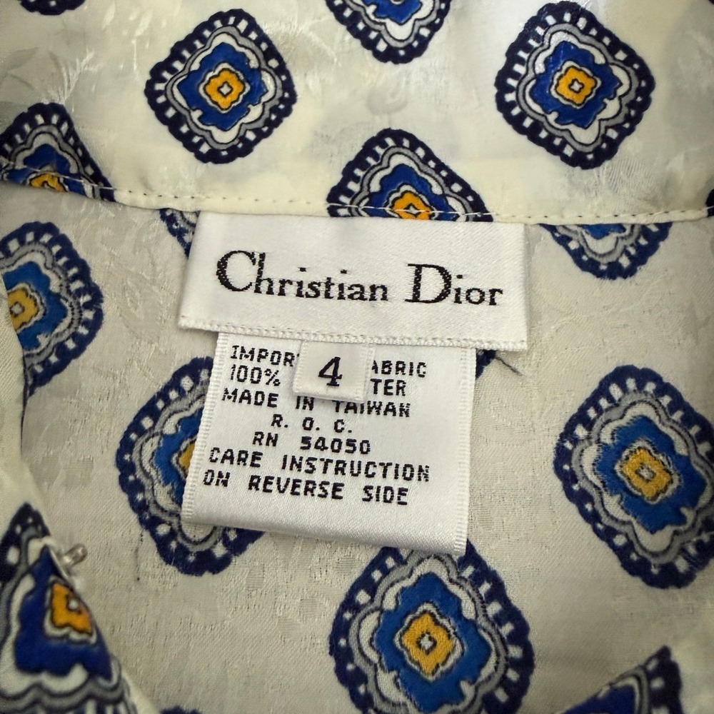Christian Dior Vintage Geometric Medallion Jacquard Blouse Ivory Navy Yellow 4 - Picture 8 of 16